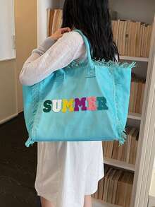 Canvas Tote Bag Large Capacity Handbag With Tassel Commuter Shoulder Bag - Multicolor - View 7