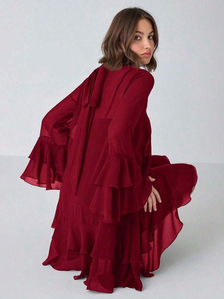 Vestido línea A de unicolor elegante con mangas volantes para mujeres - Burdeos - Ver 1