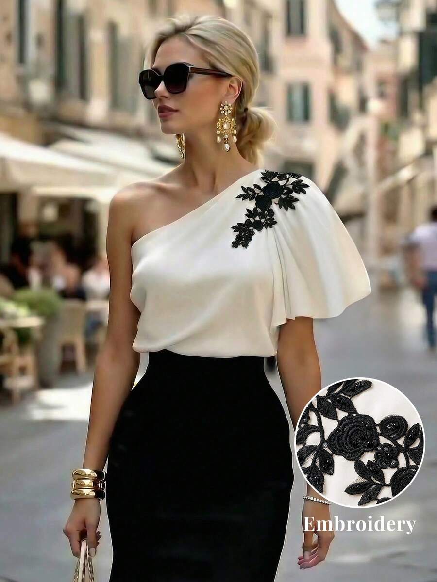 JTI 女士夏季法式优雅不对称肩部黑色花卉刺绣修身衬衫,适合晚宴、约会、通勤、情人节、母亲节、名媛风、休闲、优雅户外穿着、日常穿搭 - 米色 - 查看 1