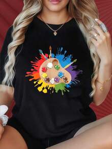 Women's Round Neck Short Sleeve T-Shirt Is Fun To Print On, Women's Round Neck Short Sleeve T-Shirt Is Fun To Print On, Artistic Design T-Shirt With Color Palette, Casual Fashion Short Sleeve T-Shirt For Women, Graphic T-Shirt Inspired By Creative Artists, Suitable For Christmas Parties, Sports Activities, Holiday Parties, Outings, Sports And Other Christmas Gifts. - 黑色 - 查看 7