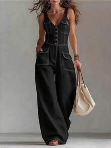 Women Fashion High Waist Jeans Heavy Industry Spliced Handmade Rhinestone Inlaid Design Straight Wide Leg Denim Pants - Black - View 2
