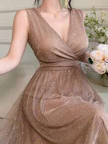 Vestido largo y elegante, minimalista y casual, con cuello en V, sin mangas, cintura marcada y totalmente lentejuelado, para mujer - Naranja Quemada - Ver 5