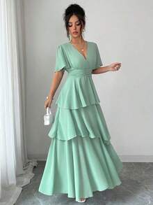 Vestido maxi de gasa transparente con forro, de color verde menta, con cintura fruncida y plisada, mangas abullonadas, corte asimétrico y estilo retro francés, ideal para ocasiones formales, oficina, paseos, playa, fiestas y eventos de primavera y verano - verde menta - Ver 3
