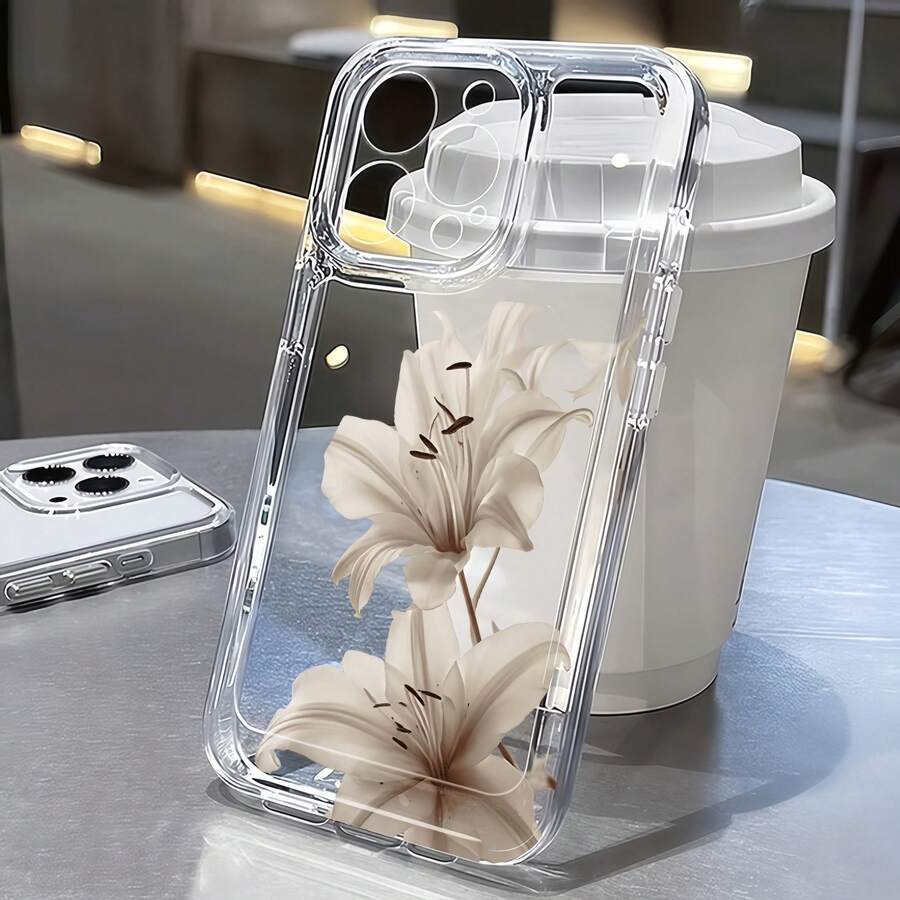 1 Stück minimalistische weiße Lilien-Blumen-TPU-Stoßfeste Vollabdeckung Handyhülle, kompatibel mit Apple 17, 16, 15, 14, 13, 12, 11 Pro Max, Air und Serie - Verschiedenfarbig - View 1