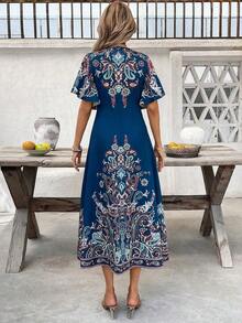 Clasi Vestido de unicolor con botones al frente, manga mariposa y abertura al muslo de longitud hasta el muslo para mujer - Turquesa - Ver 2