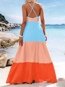 Vestido largo de mujer de cuello en V con bloques de color tejidos, atuendos de primavera y verano, ropa de verano, Día de San Valentín, atuendos de vacaciones para mujer, atuendos de playa para mujer - Azul - Ver 2
