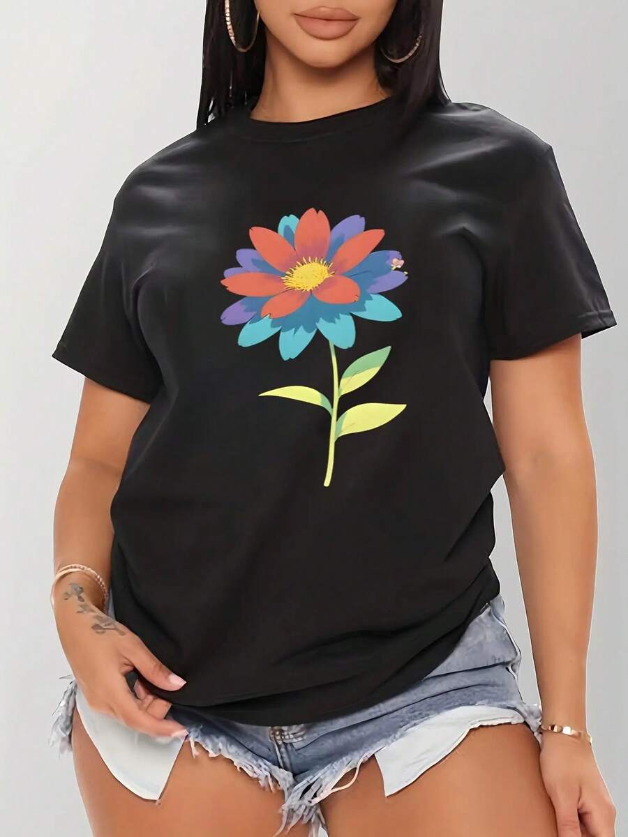 Women's T-Shirt - Women's Printed T-Shirt - Casual Summer Round Neck Top, Comfortable For Everyday Wear, Machine Washable, Short Sleeve T-Shirt For Women, Bright Print Design Tops For Women - 黑色 - 查看 1