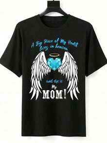 Plus Size, Short Sleeve. A Big Piece Of My Heart Lives In Heaven And She Is My Mom. Heart And Angel Wings Design T-Shirt For A Memorial Gift For Mother's Day, 220g, 100% Cotton. - 黑色 - 查看 4