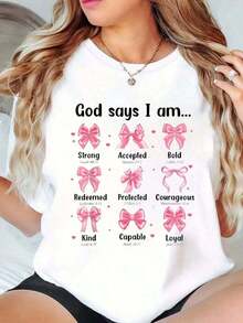 Short-Sleeve Cotton T-Shirt With "God Says I Am" Print And Bow, For Christian Girls And Young Women, Crew Neck, Short Sleeve, Casual Summer Graphic Tee. 100% Cotton - 白色的 - 查看 1