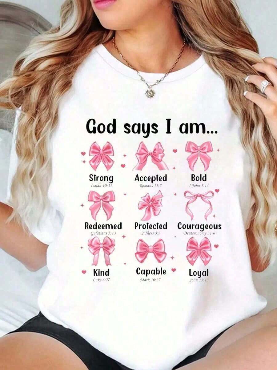 Short-Sleeve Cotton T-Shirt With "God Says I Am" Print And Bow, For Christian Girls And Young Women, Crew Neck, Short Sleeve, Casual Summer Graphic Tee. 100% Cotton - 白色的 - 查看 1