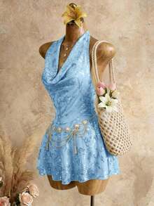 Vestido mini con lentejuelas y espalda descubierta para vacaciones en la playa - Azul - Ver 3