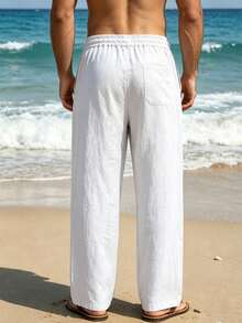 Men's Loose Linen Casual Pants, Elastic Waist Drawstring High Waist Straight Leg Trousers, Suitable For Beach, Vacation, Versatile - White - View 3