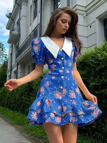Spring/Summer Casual Style Dress With Collar, Front Buttons, Tie Back And Tie-Dye Print, For Everyday Wear, Western Style, Bohemian, Music Festivals, Vacation, Fairycore Style, Elegant For Women - 鮮紅色 - 查看 3