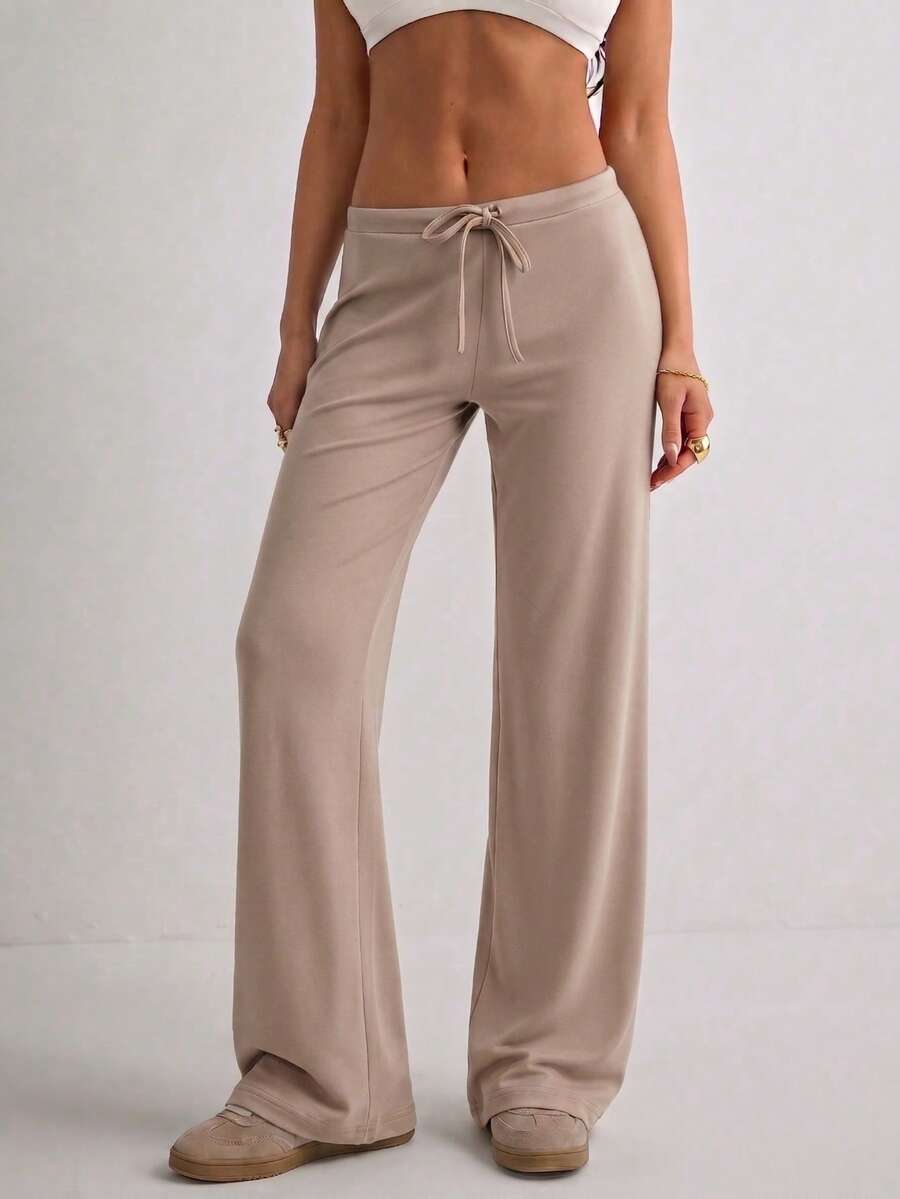 Women's Casual Solid Color Long Straight Leg Pants With Medium Stretch - Flint Stone - View 1