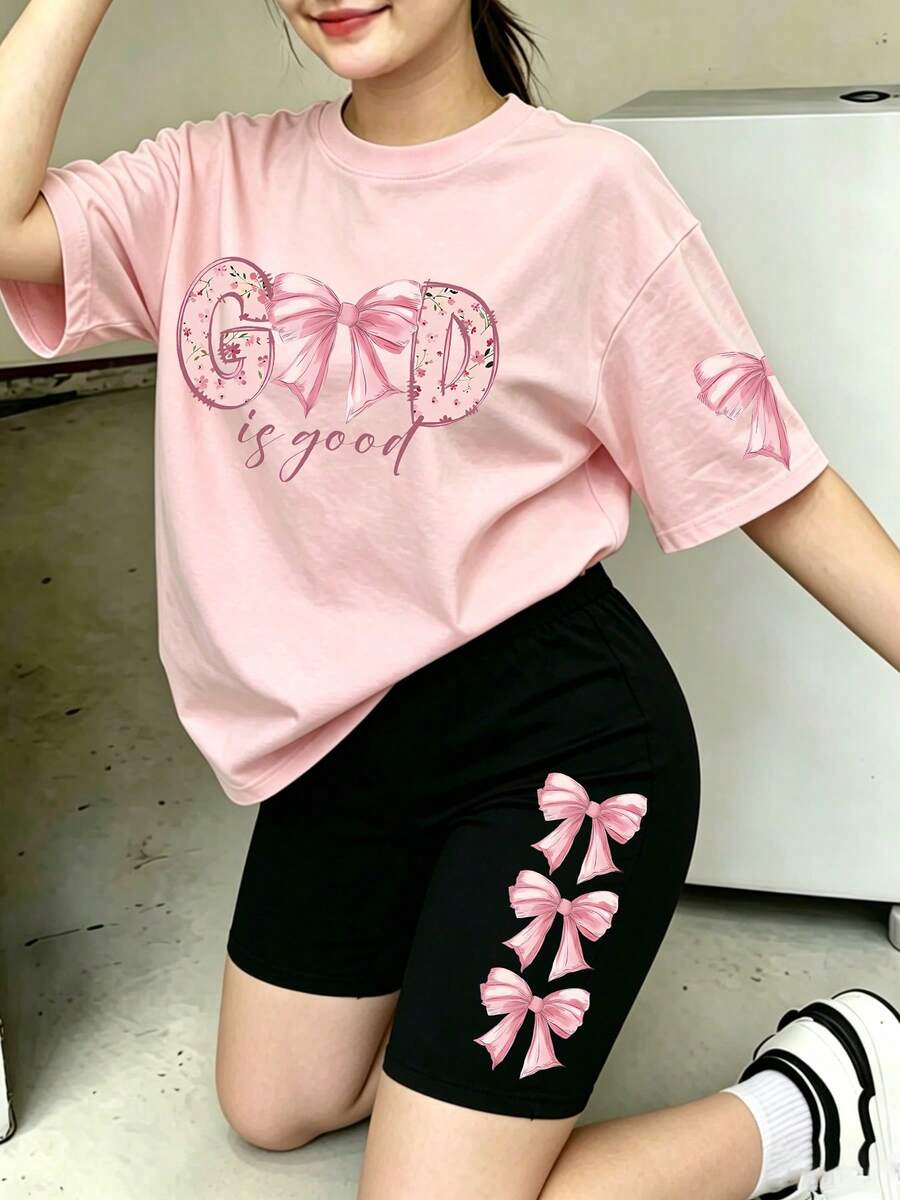 2件組女款甜美套裝,蝴蝶結字母T恤與短褲,柔軟舒適面料,夏季校園日常青少年穿搭 - 粉色 - 查看 1