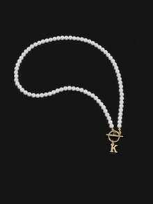 Classic Popular Letter Necklace, Women's A-Z Letter Pendant, T-Clasp, 6mm Faux Pearl Necklace, Women's Jewelry Gift - Gold - View 3