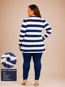 Comfortable Plus Size Striped Viscose/Lycra Cardigan For Mid-Season - Xanh đậm - Xem 2