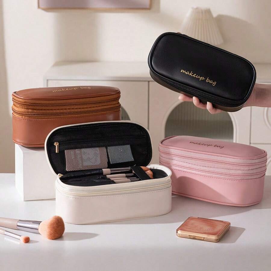 1 buah Tas Kosmetik Multifungsi, Tas Penyimpanan Dua Lapis PU, Tas Kosmetik Ritsleting Kapasitas Besar Kasual Modis, Pengatur Alat Tulis Perjalanan, Kantong Kosmetik Penting untuk Liburan