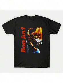 Bon Jovi Vertical Graphic T-Shirt For Men And Women - Heavyweight 220g Short Sleeve T-Shirt With Bold Red Band Print, Regular Fit Casual Concert T-Shirt, Casual Wear And Rock Fan Apparel, Music Festival Outfit, Eye-Catching Design, Durable Fabric, Music Merchandise, Music Lovers - 黑色 - 查看 1