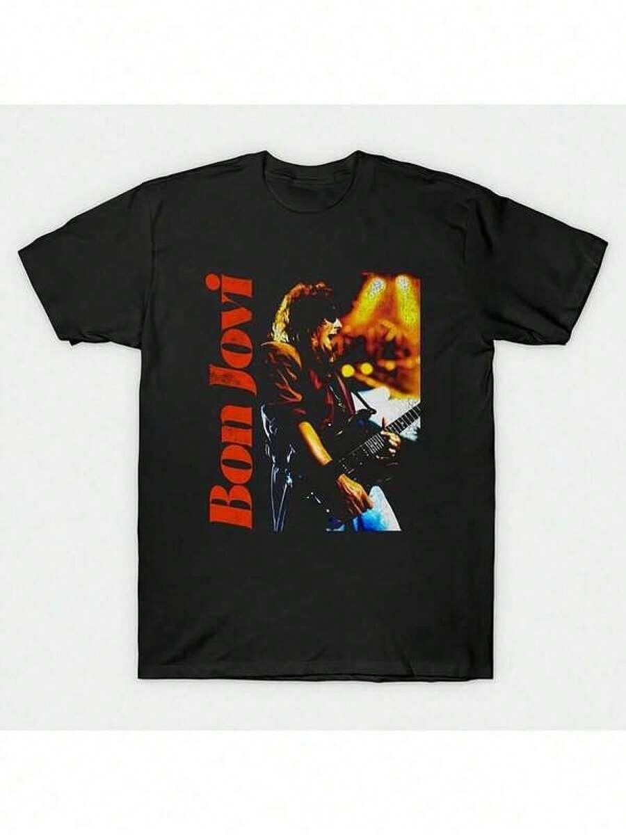 Bon Jovi Vertical Graphic T-Shirt For Men And Women - Heavyweight 220g Short Sleeve T-Shirt With Bold Red Band Print, Regular Fit Casual Concert T-Shirt, Casual Wear And Rock Fan Apparel, Music Festival Outfit, Eye-Catching Design, Durable Fabric, Music Merchandise, Music Lovers - 黑色 - 查看 1