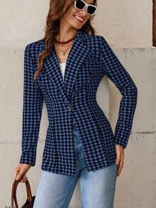 AYYEditum Chaqueta de blazer estilizadora de cintura con estampado de pata de gallo para mujer en otoño/inviernoAYY - Azul - Ver 7