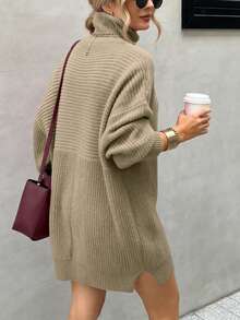 High Neck Pullover Dress, Solid Color Casual Ribbed Slit Everyday Wear, Autumn/Winter - Khaki - View 2