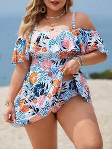 Swim Lushoire Traje de baño de 2 piezas para mujer de talla grande, estilo casual de resort, con impresión aleatoria, tirantes tipo espagueti, volantes en los hombros, cintura con trabilla y falda de línea A con abertura lateral - Multicolor - Ver 1