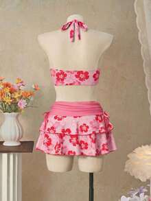 Bellisia Conjunto de 3 piezas con top de bikini triangular con cuello de halter naranja y falda a juego, para playa/resort - Rosa - Ver 2
