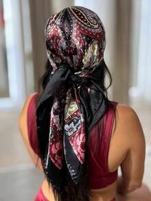Women's Large Square Satin Scarf 90x90 Elegant Fashion Bandana For Hair And Neck - L5-Preto e vermelho - 查看 2