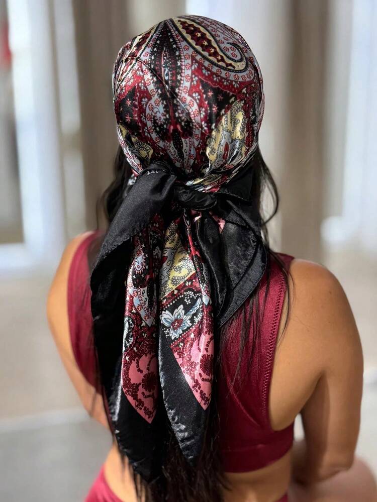 Women's Large Square Satin Scarf 90x90 Elegant Fashion Bandana For Hair And Neck - L5-preto E Vermelho - View 2