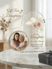 1件客製化照片與文字「給我的女兒」心形壓克力飾牌，客製化花卉心形相框，感人女兒紀念品，母女禮物，女兒生日與畢業禮物，女兒、母親、家庭、家居裝飾 - 彩色 - 查看 5