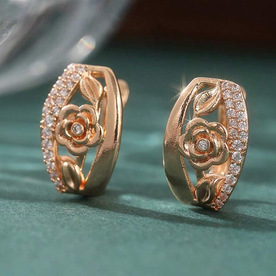 女士奢华玫瑰金花朵耳环,纳米蜡镶嵌合成立方氧化锆,波西米亚风棒状耳环,婚礼首饰 - 金色 - 查看 1