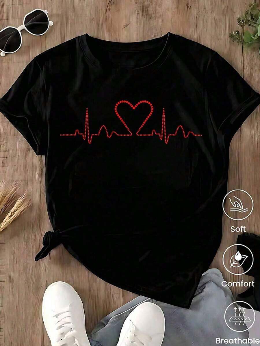One-Piece Set, Unisex Casual Style. | Women's T-Shirt With Leopard Print And Heartbeat Design, Featuring An Aesthetic ECG Line Design, Versatile And Easy To Match, Suitable For Everyday Wear, Urban Looks, Vacation Outfits, And Casual Weekend Wear. - .. - 查看 1