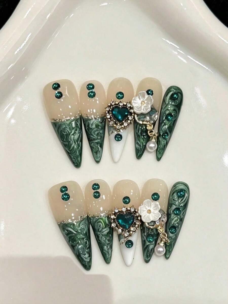 10PCS Móng tay giả dán thủ công dáng dài nhọn Stiletto cho tiệc và đeo hàng ngày, móng xanh, hoa trắng, mắt mèo bóng, bóng, móng mùa hè, dễ đeo 10pcs móng tay giả dán thủ công Y2K, phù hợp cho nữ giới và phụ nữ lễ hội tiệc và đeo hàng ngày.
