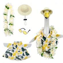 Porch Goose Summer Outfit Creative Goose Statue Hawaiian Leaf Print Shirt With Hat, Sunglasses, Leis For Outdoor Garden Yard - Yellow - View 6