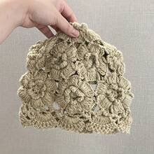 1 pieza Bolso Floral de Mano Tejido a Ganchillo Multicolor para Mujer, Bufanda para la Cabeza, Gorro Hueco Transpirable para Mujer, Gorro de Estilo Nuevo, Sombrero para Clima Frío - Blanco - Ver 2