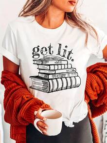 Pure Cotton T-Shirt With Printed Book Design, Round Neck T-Shirt, Casual Short Sleeve T-Shirt For Spring And Summer, Women's Clothing. - 白色 - 查看 6