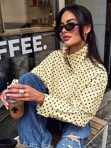 Blogger New Autumn Women Polka Dot Print Drawstring Dropped Shoulder Loose Style Jacket - Yellow - View 3