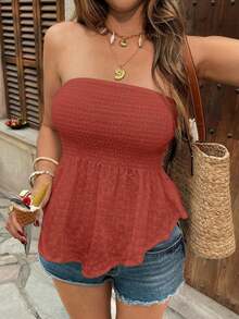 Strapless Solid-Color Bandeau Top With Ruffled Hem, Perfect For Vacation - Redwood - View 6