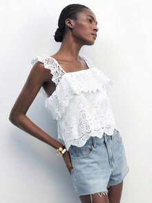 Maija 2026 Nueva blusa/top sin mangas de mujer con diseño de volantes con bordado calado, adecuado para primavera/verano, estilo bohemio para Pascua, festivales de música, invitados de boda, brunch, aeropuerto, diario, fiesta, graduación, versátil y casual - Blanco - Ver 6