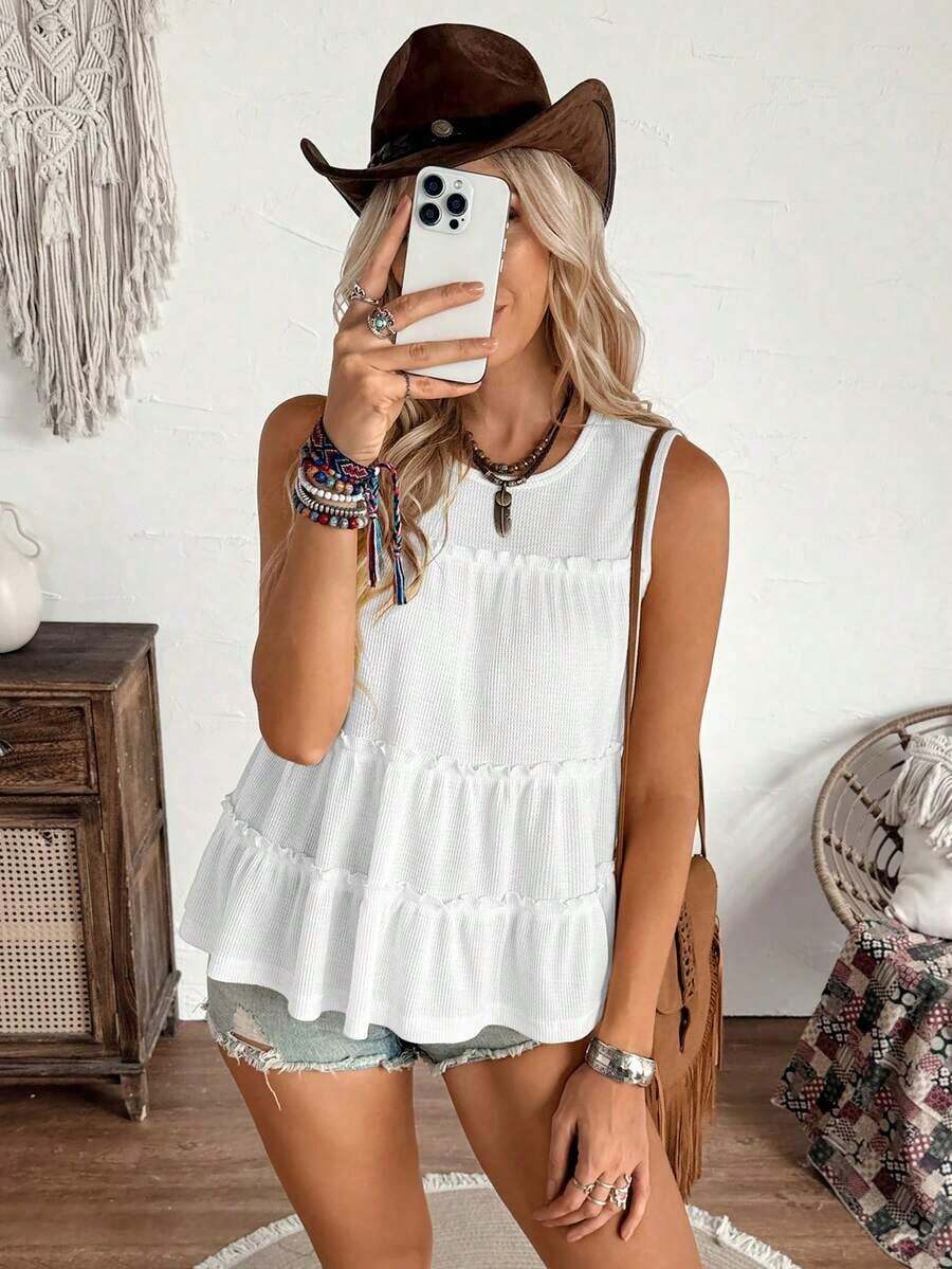 Chaleco holgado de mujer con cuello redondo y ribete de volantes en unicolor, adecuado para vacaciones, oficina, uso diario, estilo occidental, estilo bohemio, babydoll - Blanco - Ver 1