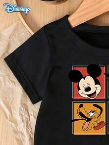Disney Summer Baby Boy Mickey Mouse & Donald Duck Portrait Print Cute Short Sleeve T-Shirt And Shorts Set, Cartoon Pattern, Stretchy, Suitable For Newborn Infants Daily Wear - Black - View 5