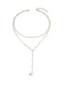1pc Gold Y-Shaped Multi-Layer Necklace, Adorned With Rhinestones And Faux Pearls, Suitable For Women's Daily Wear, Friendship Gift, Banquet Party (Hand-Cut Chain, Varying Pearl Quantity And Rhinestone Size) - Gold - View 5