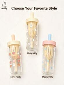 MIFFY 650毫升高硼硅玻璃杯,印有可爱的米菲兔和泰迪熊图案,配有透明吸管和奶油色杯盖,方便日常饮用,日式风格 - 彩色 - 查看 5