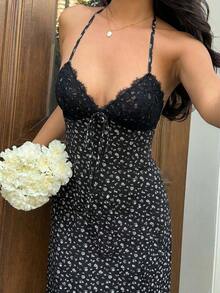 Women's Navy Blue Polka Dot Maxi Dress, V-Neck Halter Backless Lace Trim, Fitted Waist, Elegant For Summer Holidays, Wedding Guest And Everyday Wear - 黑色 - 查看 3