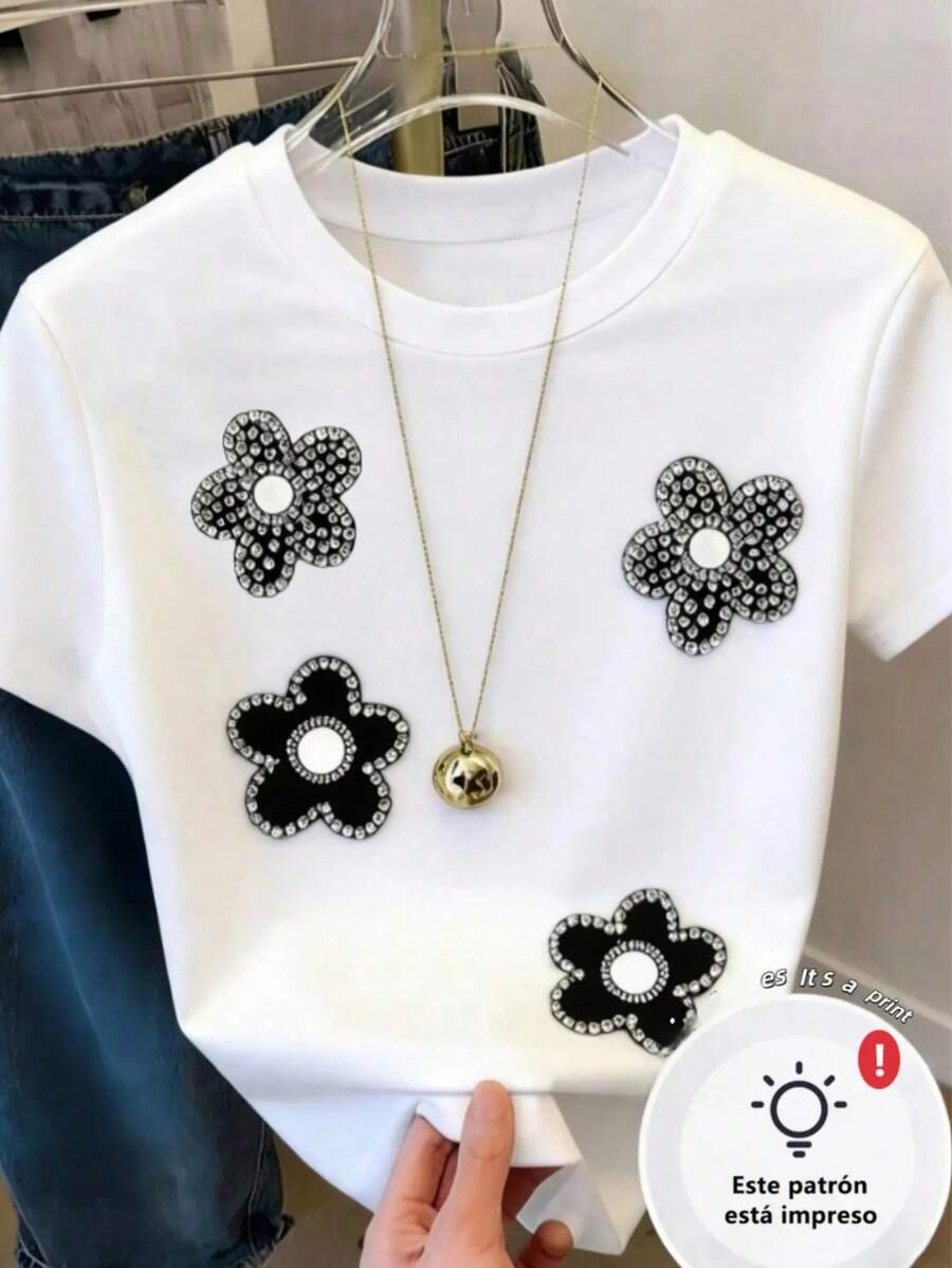 Women002 White T-Shirt For Men And Women For Valentine's Day. White Shirt With Glitter Flower Decoration, A Stylish And Attractive Design For Your Daily Looks. XY-30 - 白色 - 查看 1