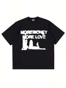 1 Piece Of Casual Fashion For Men And Women, Unisex Cotton T-Shirt, Y2K Hip-Hop Style, Harajuku Retro Streetwear, Printed With The Pattern "PlussizeMONEYplussizeLOVE", Black Short-Sleeved Crew Neck T-Shirt, Suitable For Casual Daily Wear. Soft Cotton, Comfortable For Everyday Wear, Lightweight And Breathable Fabric, Cute Style, Perfect For Vacation Wear, Women's T-Shirt. Versatile, Easy To Match, Suitable For Everyday Wear, Urban Style, Vacation Outfits, Weekend Outfits. - 黑色 - 查看 1