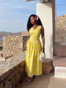 VaVaLuxe Vestido de verano 2026 de estilo retro francés elegante con lunares amarillos y blancos, cuello en V, sin mangas, cintura alta, plisado, para playa, té de la tarde, cita casual - Amarillo - Ver 6