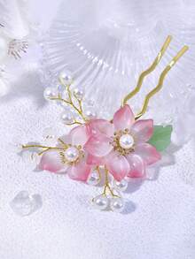 1pc Exquisite Crystal Pearl Hair Clip Elegant Side Hair Accessory For Holiday Party Casual Daily Wear Women - Pink - View 5