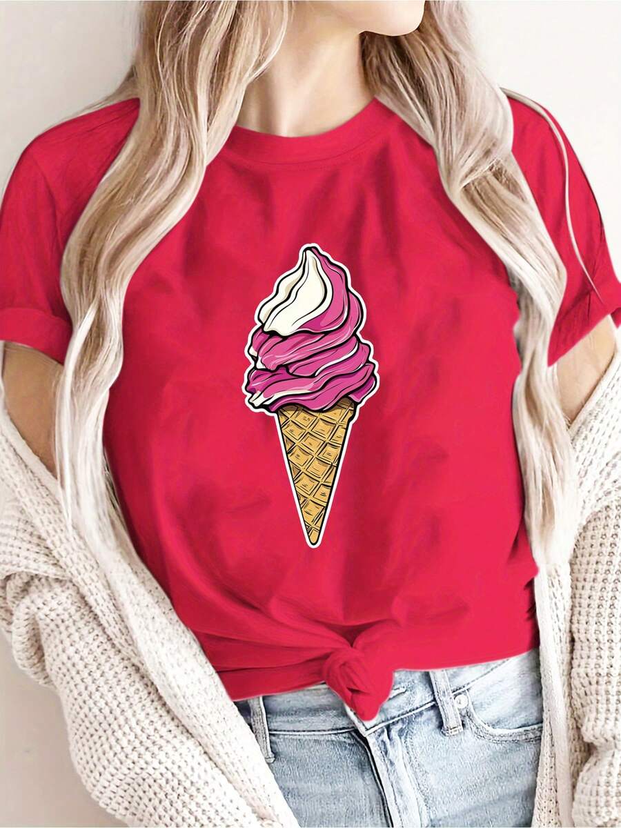 [New Summer Arrival Recommendation] Ice Cream Print T-Shirt, Casual Women's Vacation Short Sleeve Crew Neck Spring/Summer Machine Washable New Women's Clothing, Versatile For Going Out, Sports, Casual - 紅色 - 查看 1